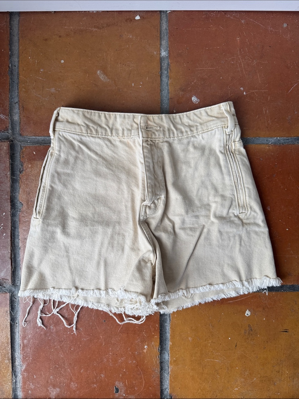 Zara Cream Frayed Hem Jean Shorts